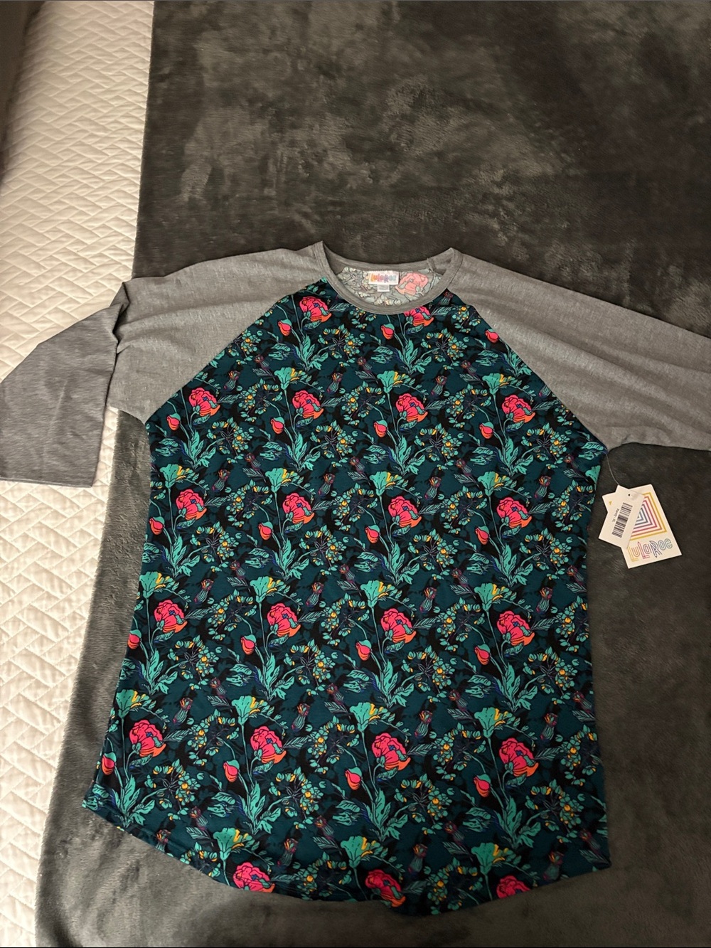 LuLaRoe Long Sleeve Raglan Top - Teal Floral with Gray Sleeves